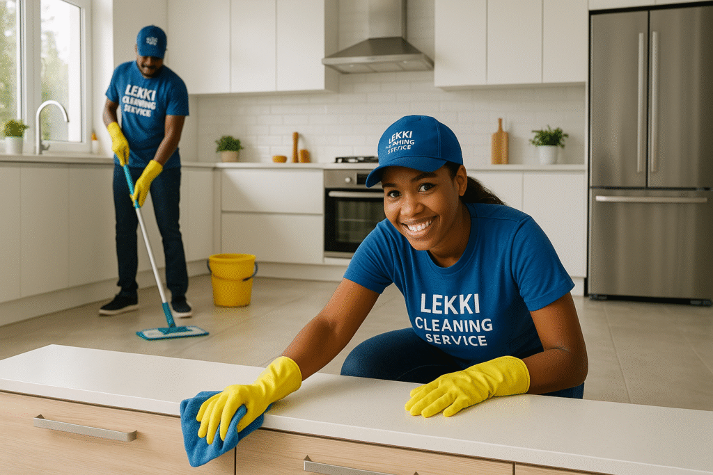 two Home cleaners deep cleaning kitchen..lekki cleaning service