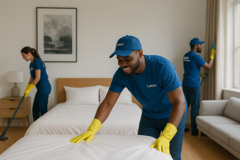 short-let, airbnb cleaners...cleaning team dressing bed, cleaning desks, in a modern bedroom...Lekki Cleaning Service
